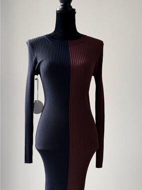 STAUD Two-Tone Ribbed Long Sleeve Dress — Navy & Burgundy
